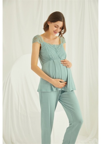 Monamise 18468 Kadın Açık Yeşil Dantelli Önü Düğmeli Hamile Lohusa 3'lü Sabahlıklı Pijama Takımı