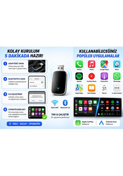 Hpytech Kablosuz Carplay Android Auto Dönüştürücü Usb & Type-c Mini Adaptör Wireless Carplay Dongle Tak Çalıştır Bluetooth 5.0 5ghz Wifi İphone & Android Uyumlu