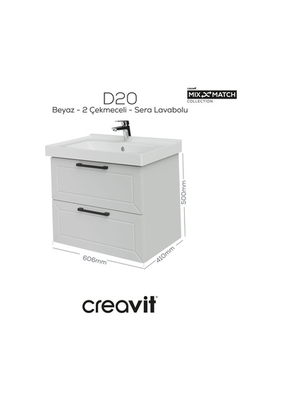 Creavit D20 65 Cm İki Çelmeceli Lavabo Dolabı Beyaz Lake Kapak Antrasit