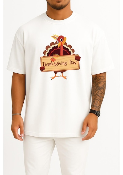 Bahriyeli Collection Oversize Şükran Günü Akşam Yemeği Göğüs Tasarımlı Unisex T-shirt Beyaz