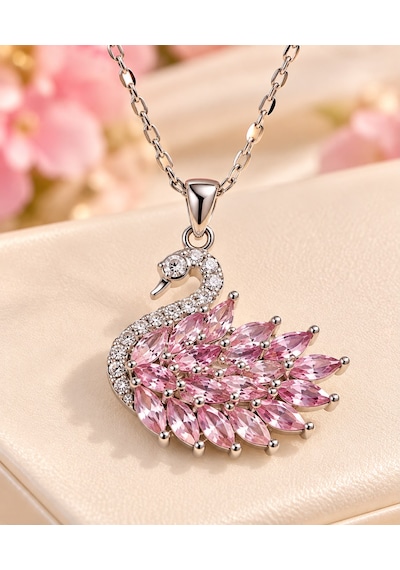 Pembe Taşlı Kuğu Figürlü Kolye Bileklik 2 Li Takı Seti Gümüş Renk Mavi Işıklı Kutu