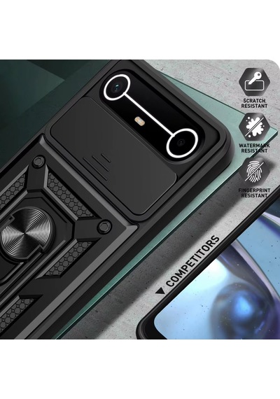 Caseonn Tecno Spark Slim 5g Kılıf Sürgülü Kamera Korumalı Yüzüklü Mıknatıslı Tank Kapak Siyah