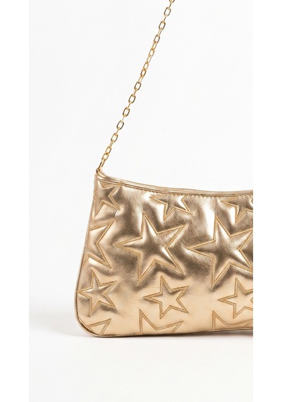 Esvelans Yıldız Desenli Zincir Askılı Portföy El Kol Ve Omuz Çantası Astarlı Clutch Çanta Altın Gold