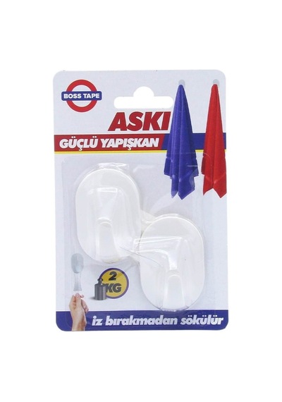 Boss Tape İz Bırakmaz Plastik Küçük Boy Askı 2 Kg Taşır 2'li Tek Paket Beyaz