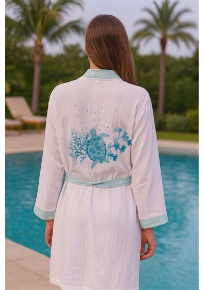 Baskılı Müslin Kimono Bornoz Unisex %100 Pamuk Yumuşacık 2 Katlı Doğal Kumaş - Ztmbb10 Turkuaz