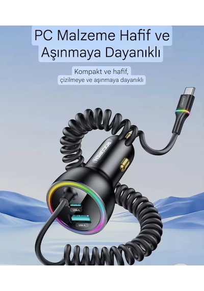 70w Yaylı Şarj Kablolu 3 Girişli Type-c Ve Usb Hızlı Ce Lisanslı