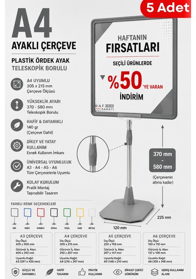 5 Adet - A4 Ayaklı Fiyat Etiketlik Teleskopik Borulu Çerçeve Etiketlik Yönlendirme Levhası Menü Panosu Gri