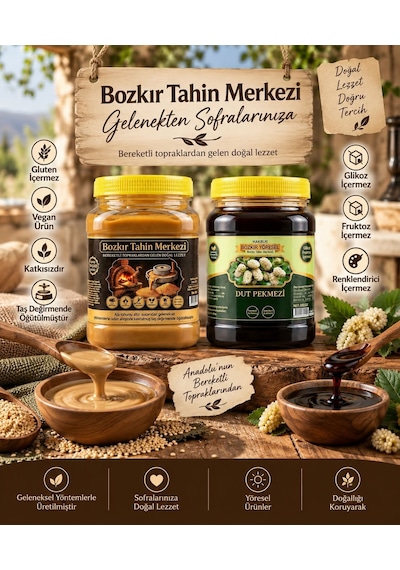 Bozkır Tahin Merkezi Ata Tohum Altın Susam Kavrulmuş Tahin 930g- Geleneksel Dut Pekmezi 950g Doğal