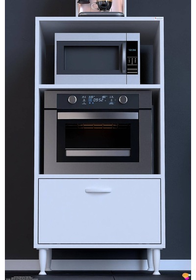 Bade Beyaz Çok Amaçlı Mikrodalga Ve Mini Fırın Dolabı Mutfak Kiler Düzenleyici Standı 60x119x56 Cm