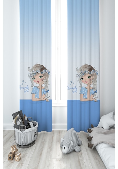 Mekta Home Bebek Ve Çocuk Odası Romantic Girl Desenli Mavi 2 Kanat Fon Perde