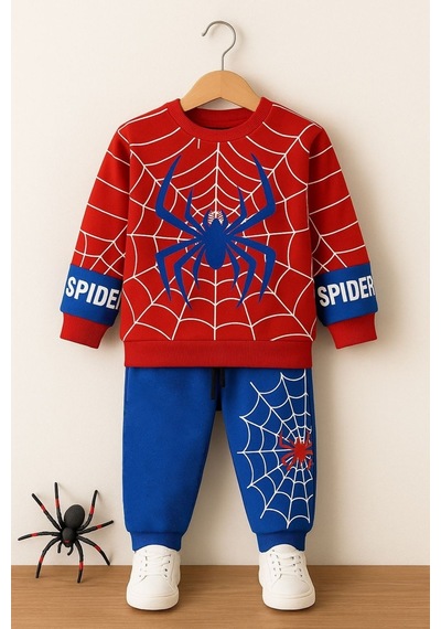 Beka Kids Erkek Çocuk Pijama Takımı Örümcek Desenli Uzun Kollu Üst Uzun Kırmızı