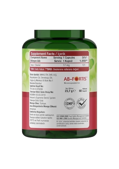 Natures Supreme Iron 17 Mg 60 Kapsül Aromasiz