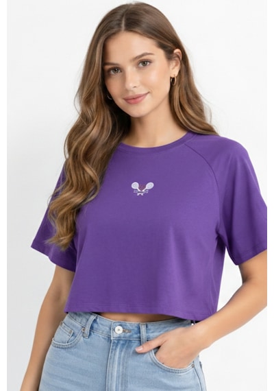 Soft&Basic Kadın Nakışlı Regular %100 Organik Pamuk Yuvarlak Yaka Kısa Crop T-shirt Mor