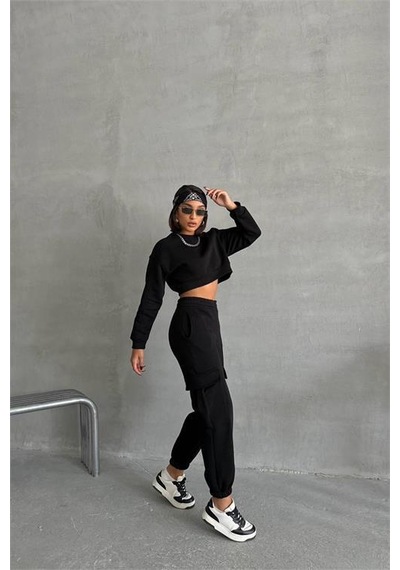 Dip Moda Kadın Bisiklet Yaka Crop Eşofman Takımı Dpnbg041 Siyah