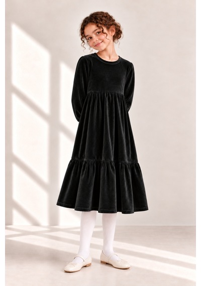 Angel&co. Girls Clothing Kadife Kız Çocuk Midi Elbise Siyah Siyah