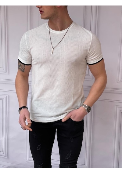 Modefendi Slim Fit Örgü Desen Pamuklu Parçalı Tshırt Beyaz