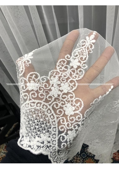Tül Perde Etek Geniş Işleme Sungur Desen Ekru