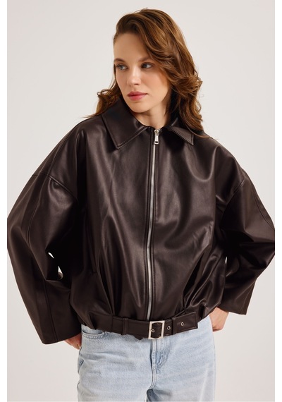 Meecy Yeni Sezon Suni Oversize Bomber Deri Ceket Kahverengi Kahverengi