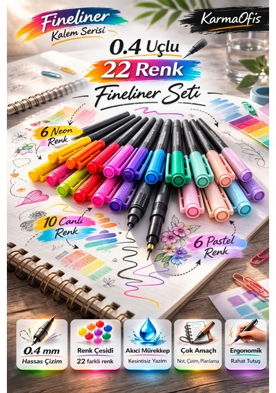 22 Renk Fineliner Kalem Seti 0.4 Mm Neon,pastel,canlı Pensan İnce Uç Çizim Kalemi Seti