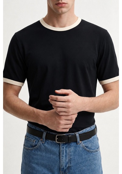 Antioch Kontrast Yaka Erkek T-shirt Siyah