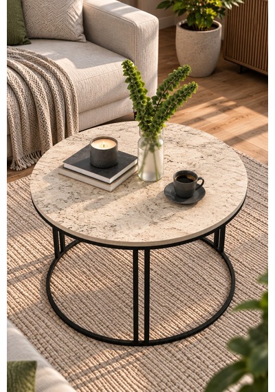 Sulorahome Yuvarlak Traverten Desenli Orta Sehpa - Metal Ayaklı