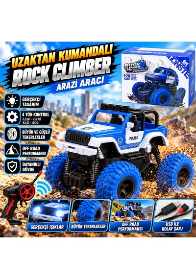 Uzaktan Kumandalı Rock Climber 4x4 Off Road Polis Jeep Büyük Tekerlekli Işıklı Arazi Aracı
