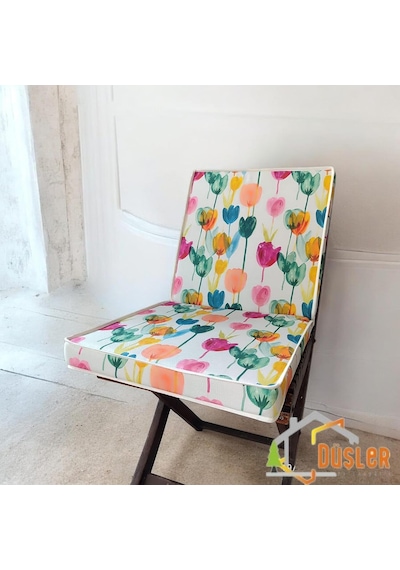 Tr 40x80 Rengarenk Lale Desenli Su Ve Leke İtici Duck Kumaş Fermuarlı Bağcıklı Biyeli Sandalye Minderi 5 Cm Genel