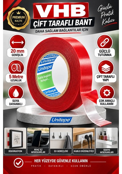 Çift Taraflı Bant 20 Mm X 5 Metre Güçlü Tutunma, Çok Amaçlı Montaj Ve Sabitleme Bandı