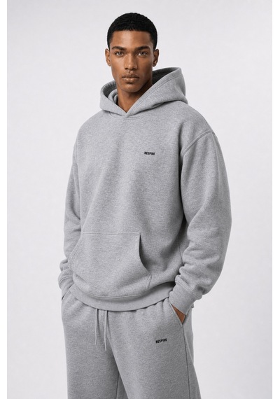 Erkek Respire Basic Oversize Hoodie Gri Melanj