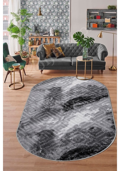 Dijidekor Halı Antrasit Cool Karo Yıkanabilir Oval Kesme İnce...