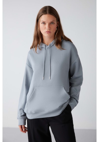 Grımelange Adel  Kadın Organik Pamuklu Içi Polarlı Yumuşacık Relaxed Kanguru Cepli Kapüşonlu Mavi Sweatshirt