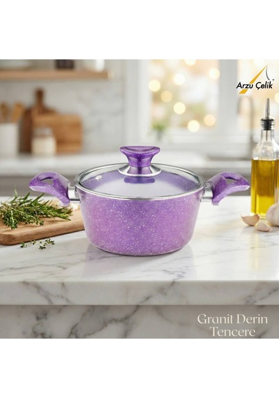 20 Cm Granit Derin Tencere Cam Kapak - Violet Violet
