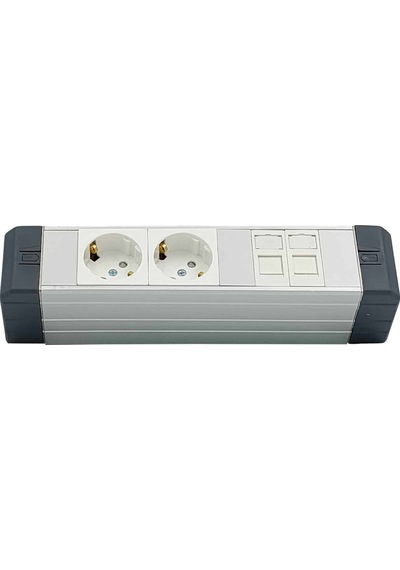Amp Connect Alüminyum Profil Yatay Donatılmış Brotik 2'li Blok Priz + 2 Cat3 Telefon Veya Cat5 Cat6 Data Prizi