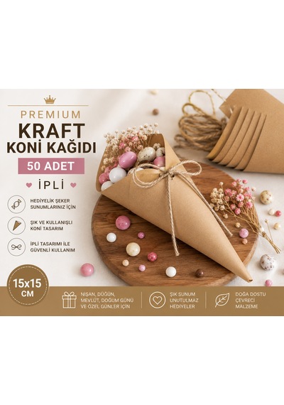 Premium Kraft Koni Kağıdı 50 Adet İpli Hediyelik İkram Ve Şeker Sunum Külahı