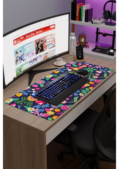 Çiçek Desenleri Kaymaz Dikişli Kauçuk Oyuncu Mousepad V2 - 90x40 Xxl Gaming Mouse Pad Fare Altlığı