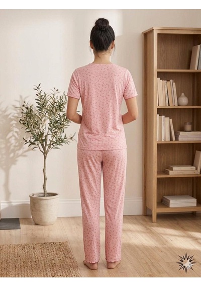 Sleeproom Yazlık Pembe Çiçek Desenli Kısa Kol Penye %100 Pamuk Pijama Takım Pembe Fuşya Çıtır Çiçek