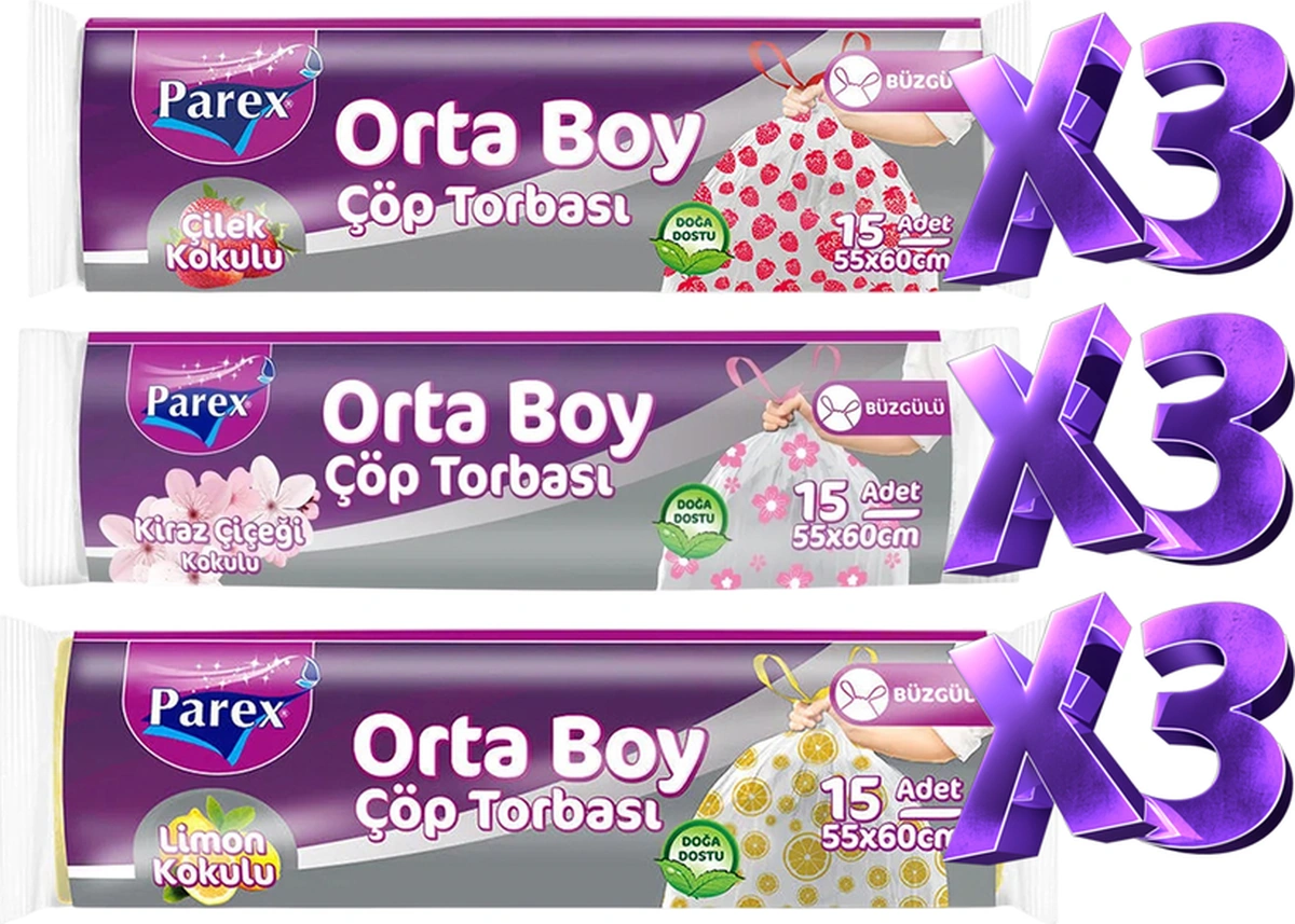 Büzgülü Çöp Torbası Kokulu Orta Boy 9'lu Paket