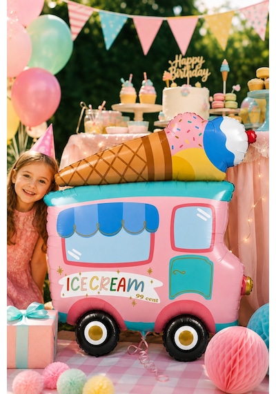 Folyo Balon Dondurma Arabası Makaron 70x58 Cm Doğum Günü Parti Süsü Dekoratif Büyük Balon Çok Renkli