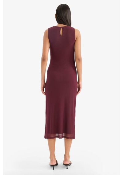 Defacto Bodycon Vücudu Saran Yuvarlak Yaka Tül Kolsuz Midi Elbise D8036ax25aubr232 Bordo