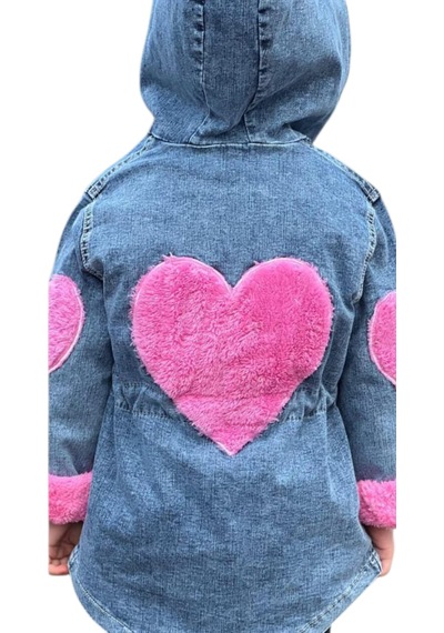 Reiz Kız Çocuk Peluş Astarlı Kalp Detaylı Kot Mont Mavi - Pembe