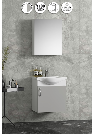 Yıldız 45 Cm Beyaz-sis Gri Mdf Seramik Lavabolu Asma Banyo Dolabı Takımı