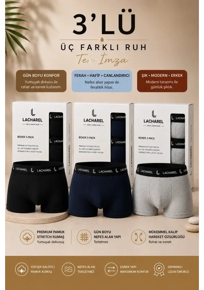 Suma Erkek Likralı Pamuklu Penye Boxer 3'lü Paket Siyah Gri Lacivert Çok Renkli
