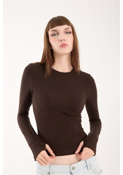 Gugus Kadın Modal/viskon Kumaş Bisiklet Yaka Parmak Geçirmeli Body Kahverengi