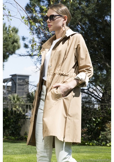 Lela Regular Fit Çıkarılabilir Kapüşonlu Ince Mevsimlik Bayan Mont 497Sezen Camel