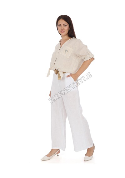 Eren Style İtalyan Kemerli Keten Pantolon-9200 Beyaz