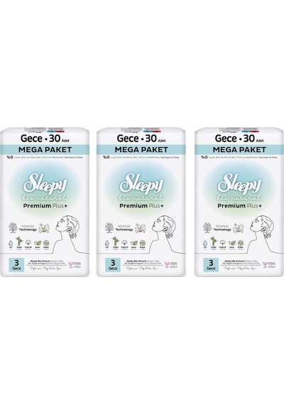 Sleepy Bio Natural Premium Plus Hijyenik Ped Mega Paket Gece 30x3 Adet