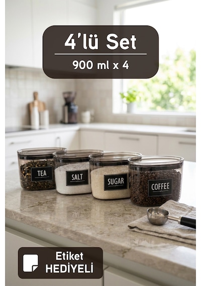 Etiket Hediyeli Vakum Kapaklı Çay Kahve Şeker Tuz Saklama Kabı Çok Amaçlı Saklama Kabı 900 Ml 4 Adet Gri