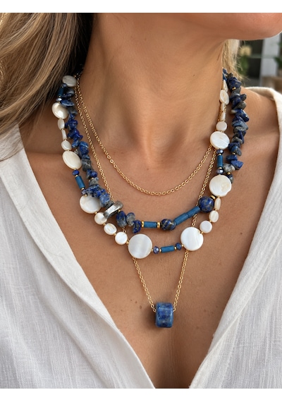 El Yapımı Gerçek Doğal Sedef Ve Lapis Lazuli Taşlı Çok Katmanlı Tasarım Kadın Kolye 006 - Mavi