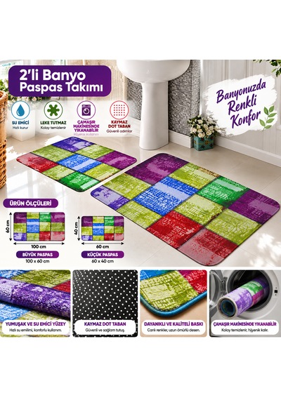 Dijital Baskılı Su Emici Kaymaz İkili Banyo Paspası 40/60cm -60x100cm Çok Renkli