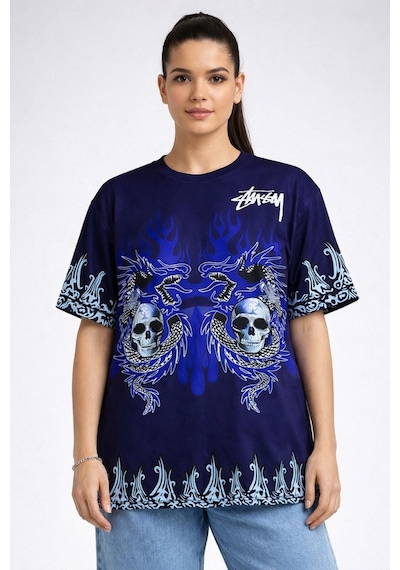 Wear Vexel Kadın Oversize Tişört Dragon & Kuru Kafa Baskılı Bisiklet Yaka T-shirt - Lacivert Lacivert Wear Vexel Kadın Oversize Tişört Dragon & Kuru Kafa Baskılı Bisiklet Yaka T-shirt - Lacivert Lacivert